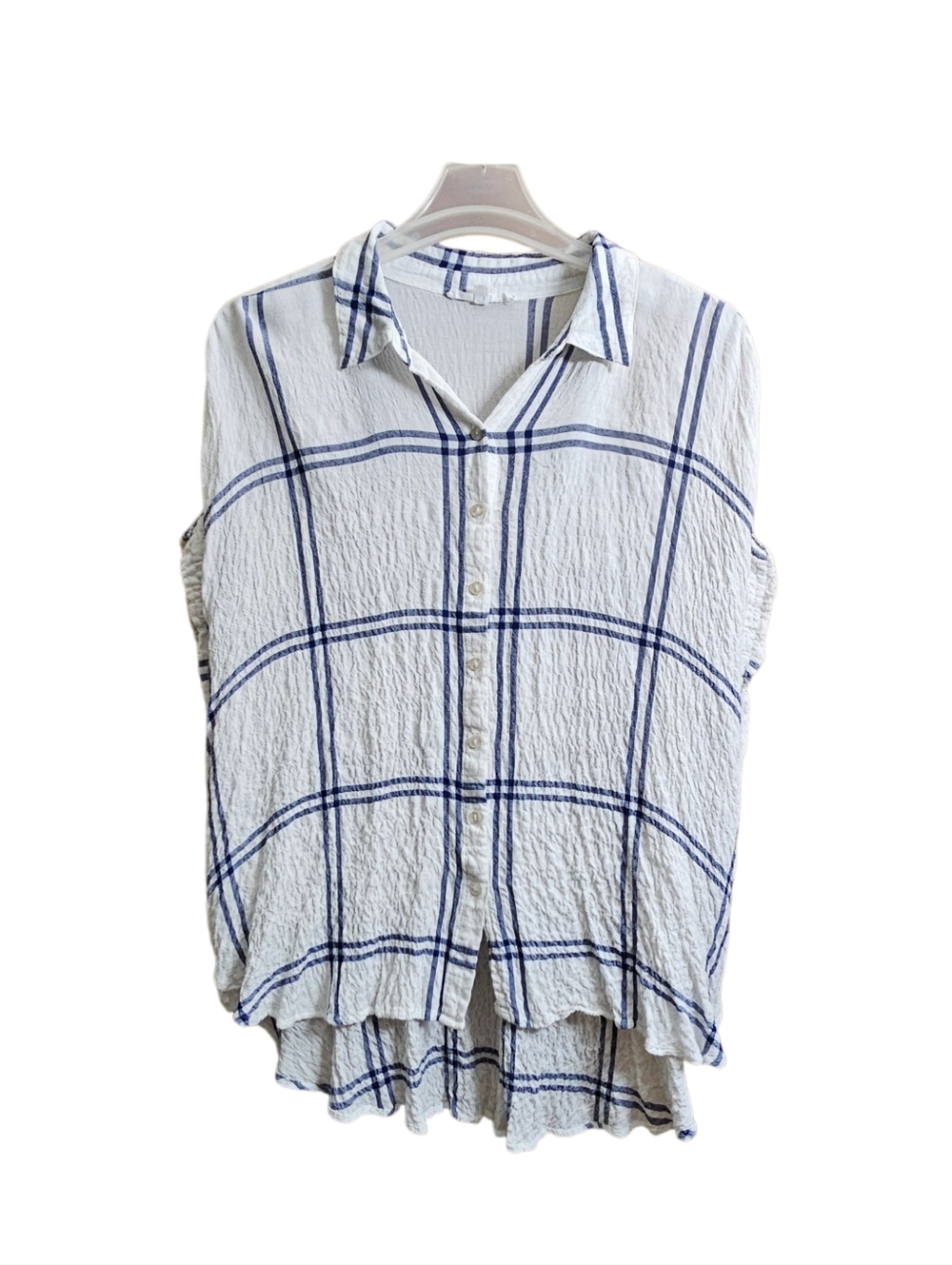 Jane + Delancey womens blue white windowpane plaid button down shirt sleeve top